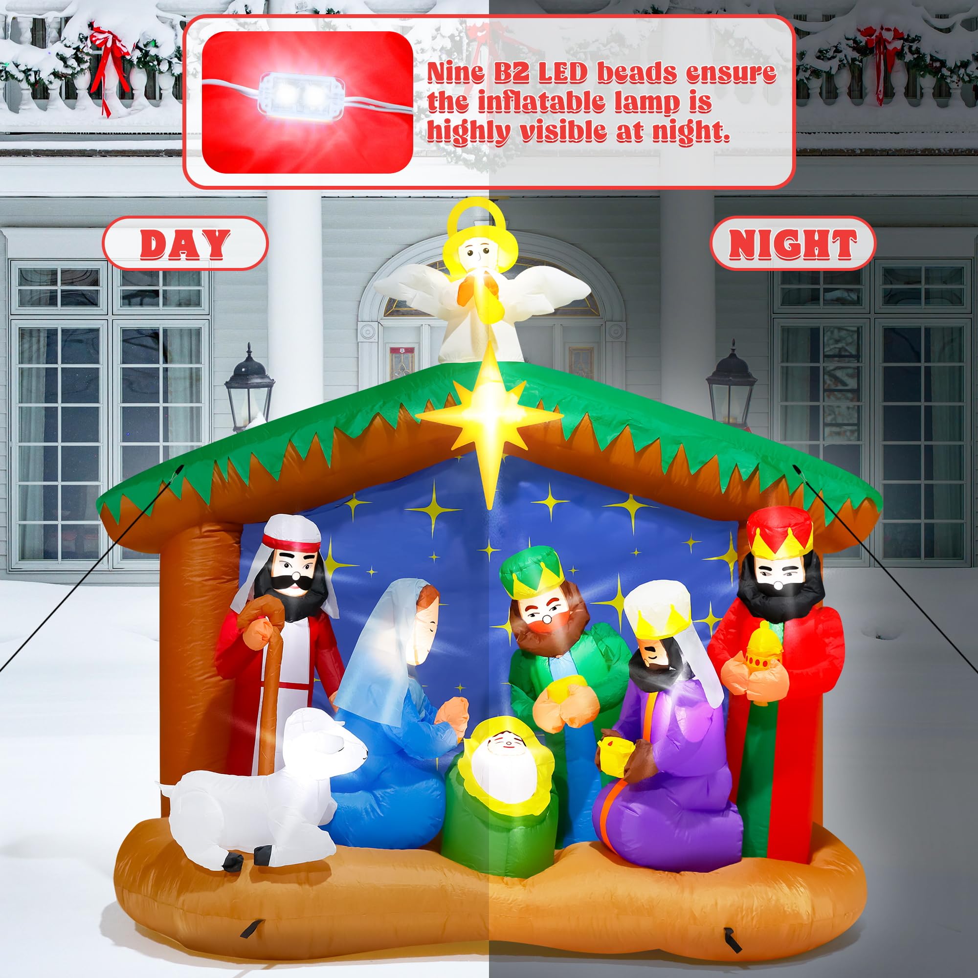 Close-up of the built-in LED lights on the inflatable Nativity scene
