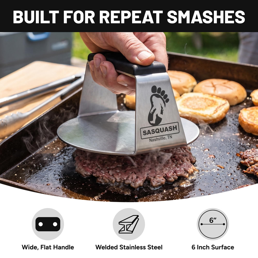 Close-up of the Burger Iron Sasquash Burger Smasher handle