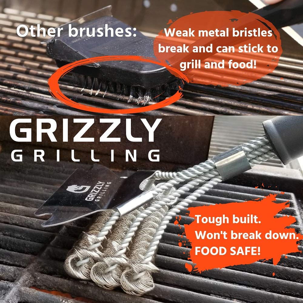 Close-up of the coiled stainless steel design of the Grizzly Grill Brush