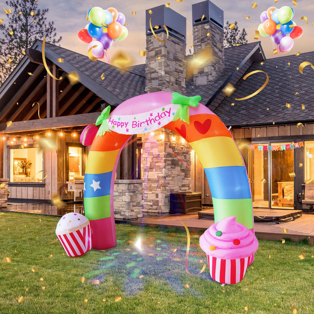 Close-up of the colorful rotating lights on the birthday arch