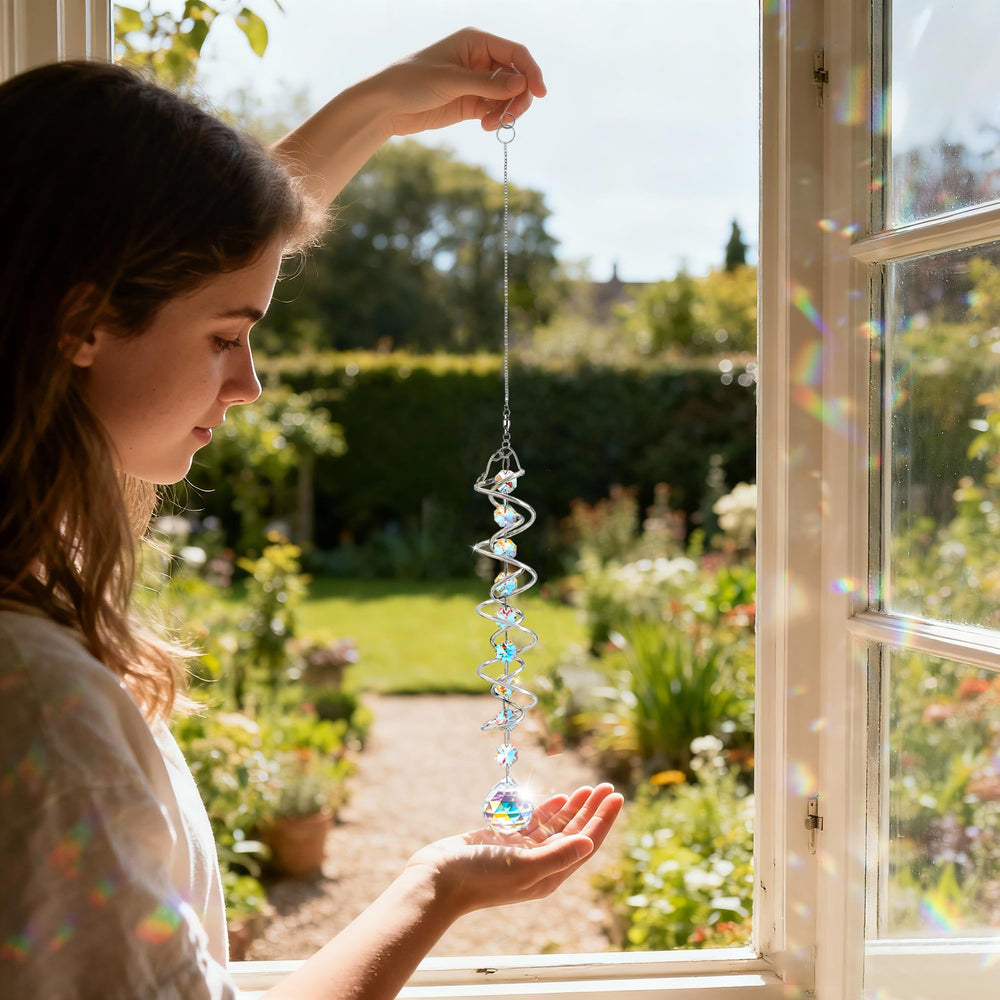 Close-up of the colourful octagon-shaped crystals on the suncatcher