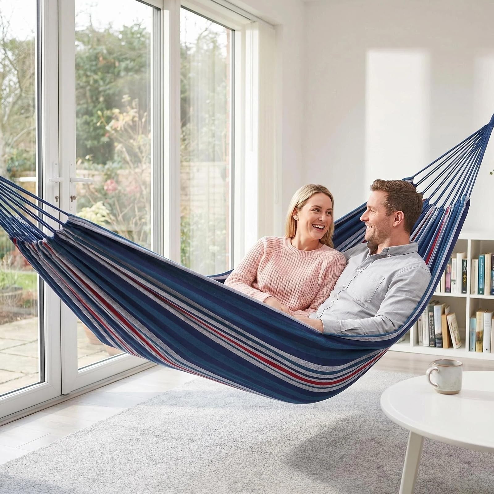 Close-up of the cotton-polyester blend fabric of the hammock