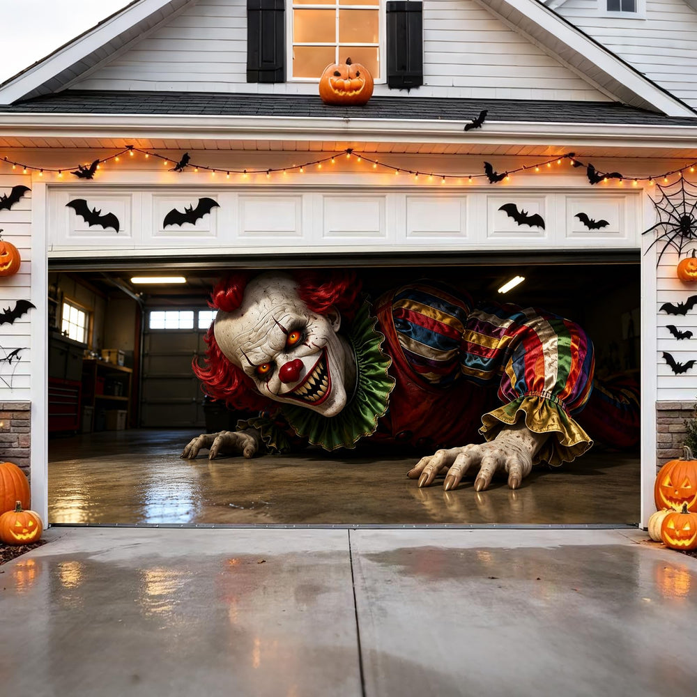 Close-up of the creepy clown effect on garage door cover