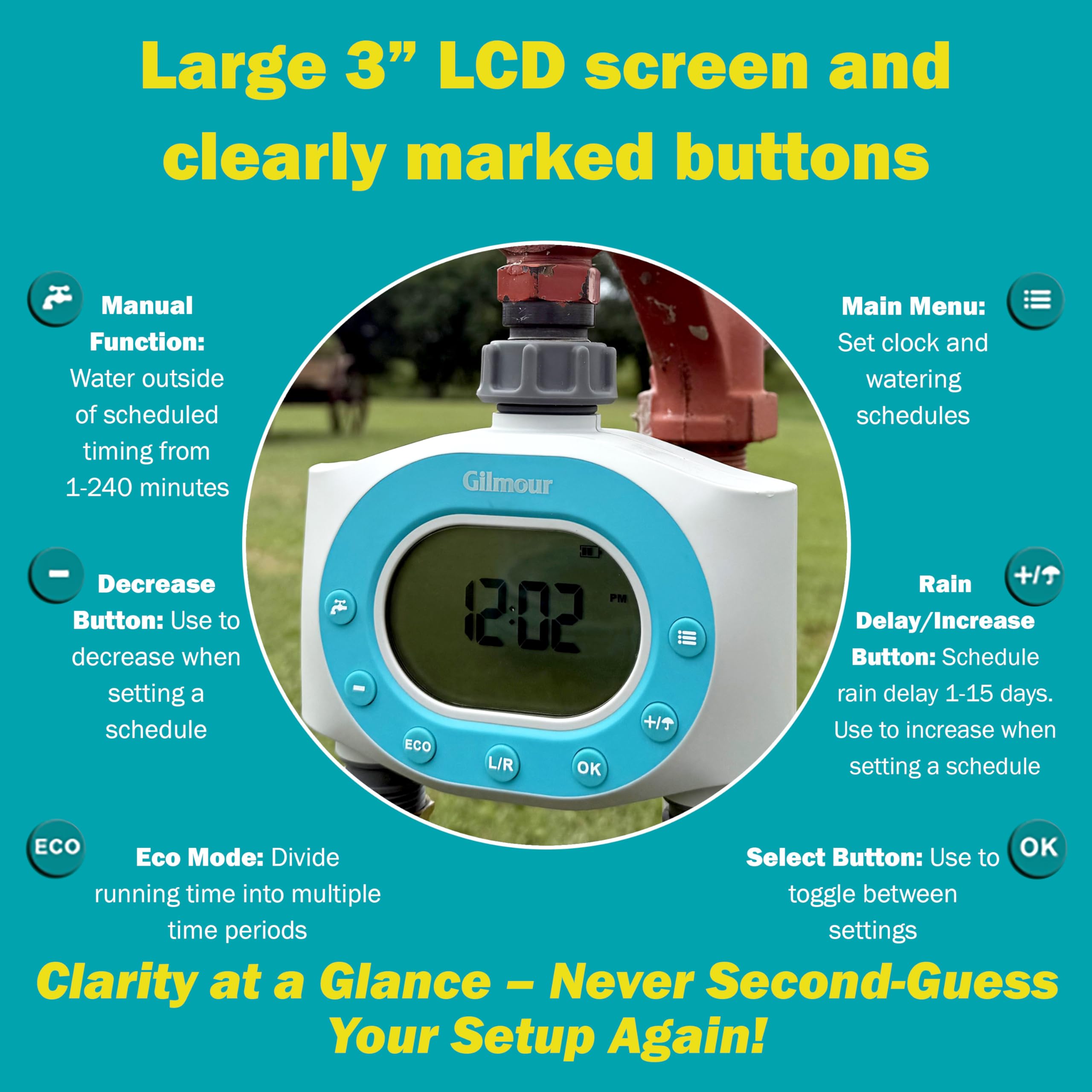 Close-up of the digital LCD screen on GILMOUR Water Timer