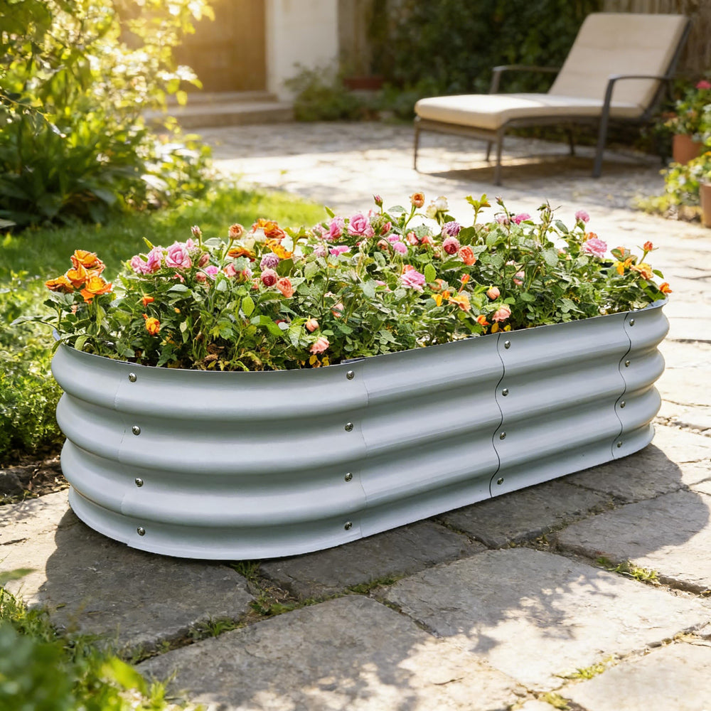 Close-up of the durable galvanized material of the garden bed