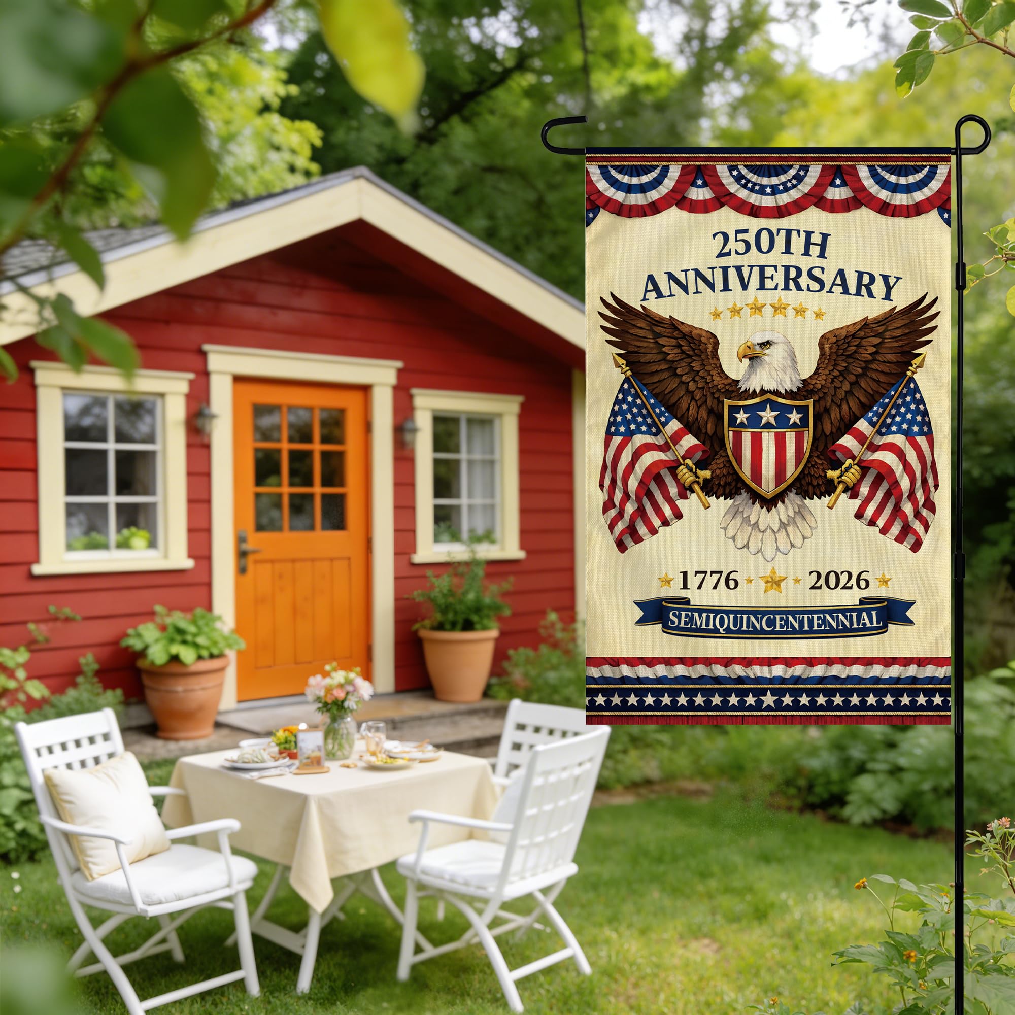 Close-up of the eagle and flags on OHOME 250th Anniversary Garden Flag