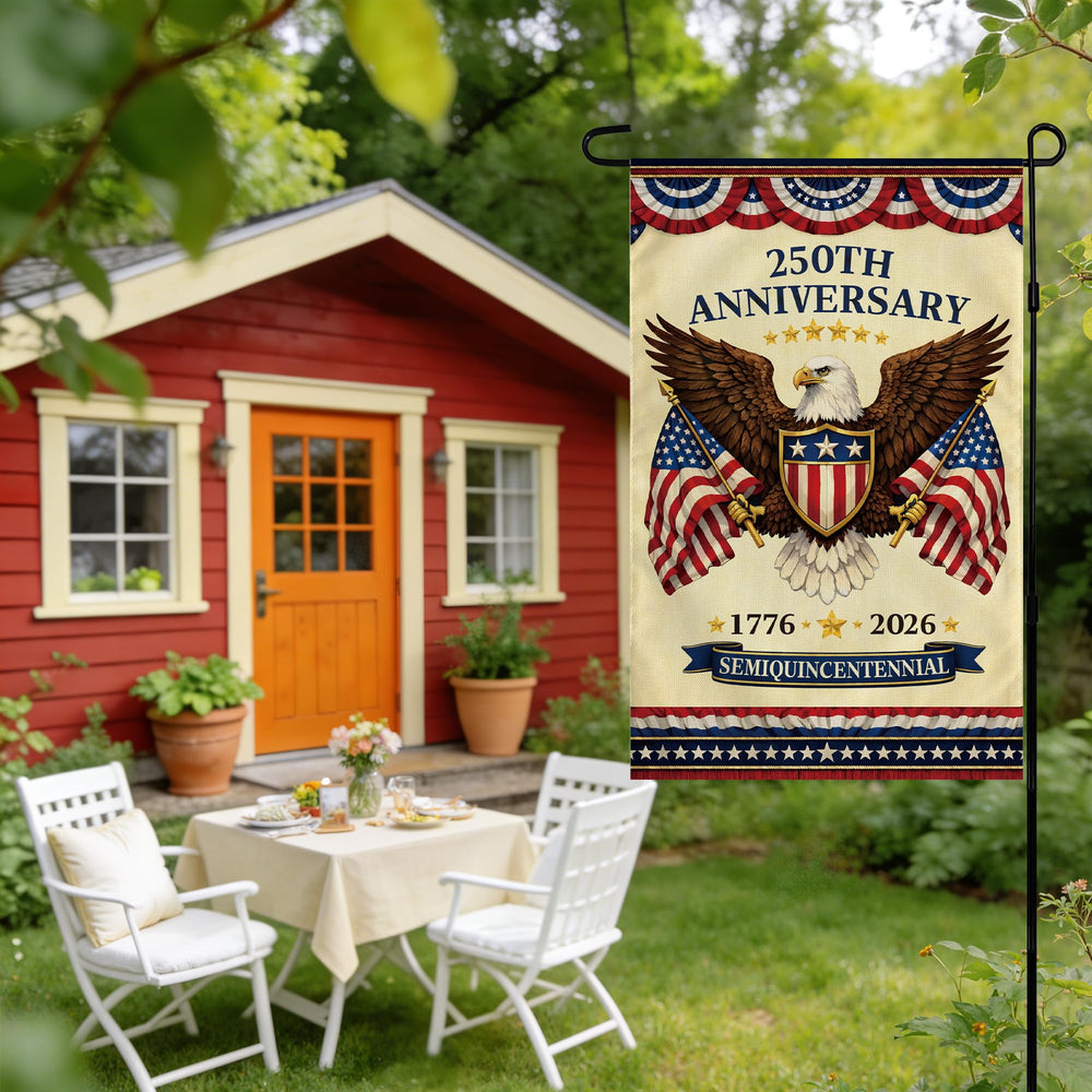Close-up of the eagle and flags on OHOME 250th Anniversary Garden Flag
