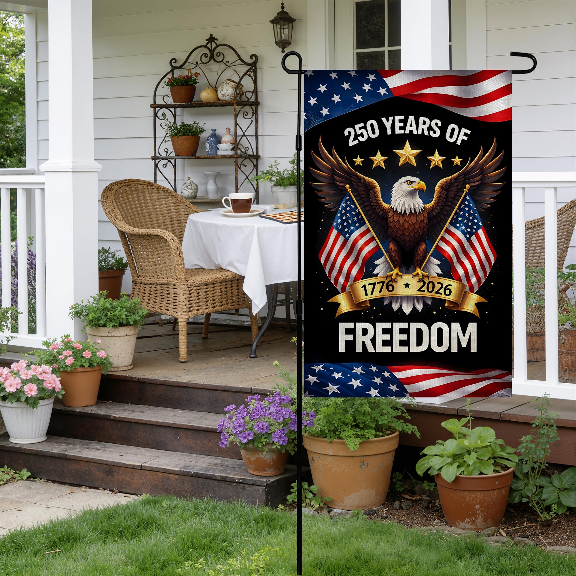 Close-up of the eagle design on the OHOME 250th Anniversary USA flag