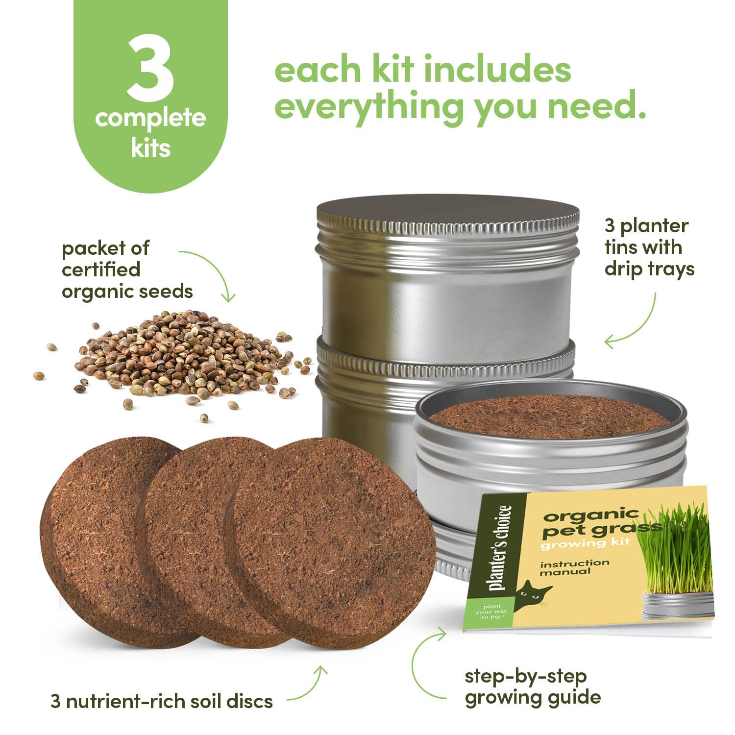 Close-up of the eco-friendly planter tins included in the cat grass kit