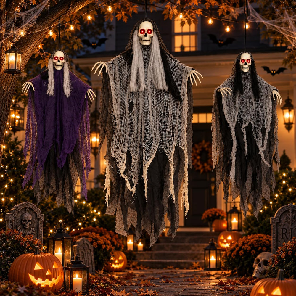 Close-up of the eerie skull face on a hanging ghost decoration