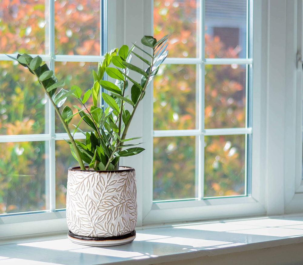 Close-up of the embossed leaves design on D'vine Dev planter
