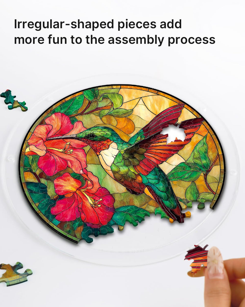 Close-up of the Emerald Flame Hummingbird design on the suncatcher