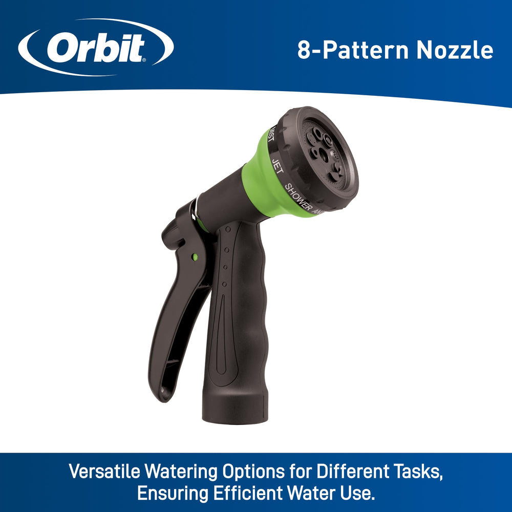 Close-up of the ergonomic nozzle of the Orbit Coil Garden Hose