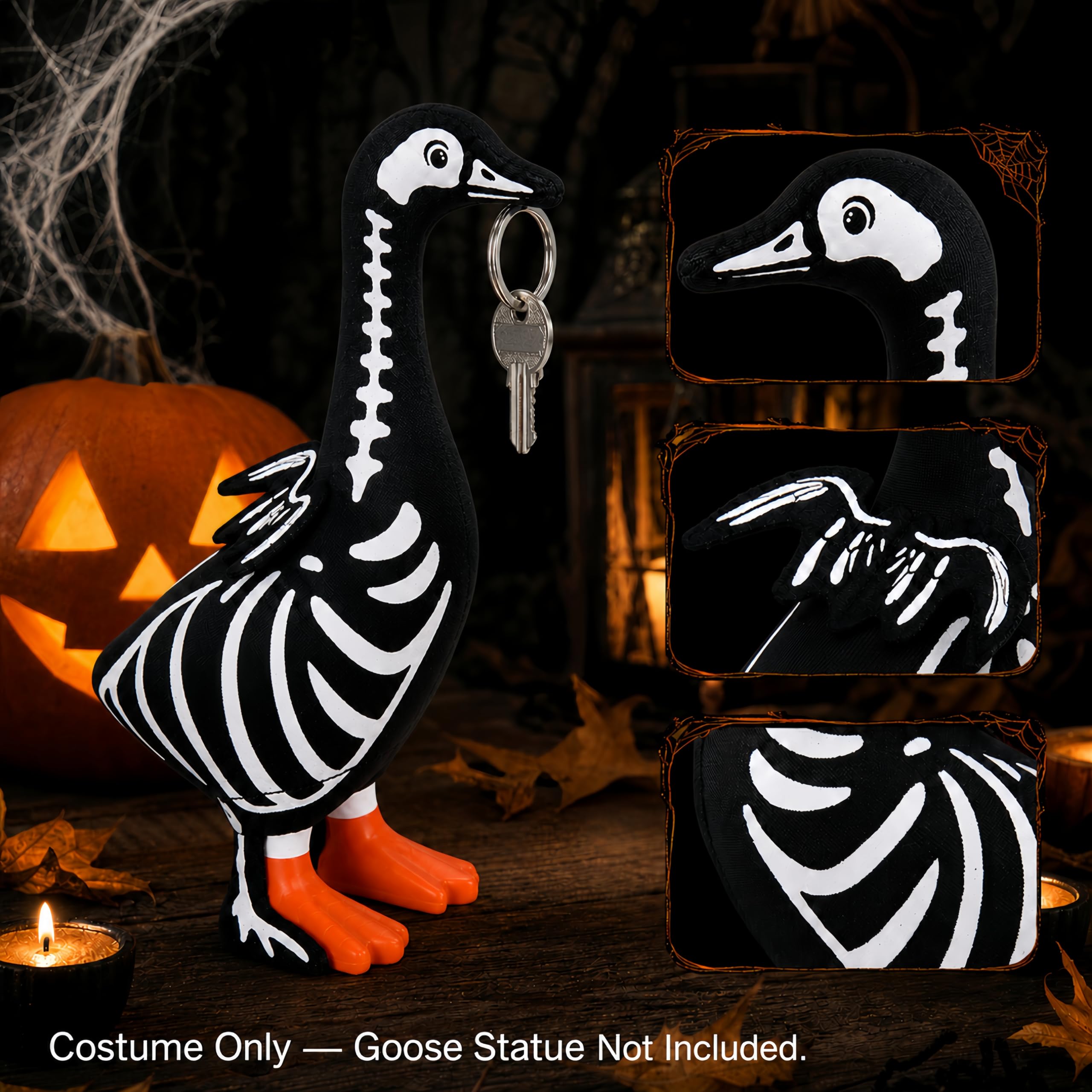 Close-up of the fabric detail on the Halloween desk goose outfit