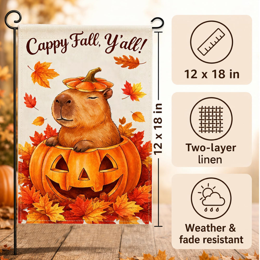 Close-up of the fall capybara garden flag fabric material