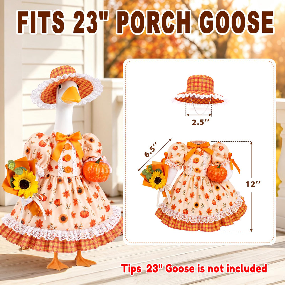 Close-up of the Fall Maple Porch Goose Dress with Sunflower Accessories
