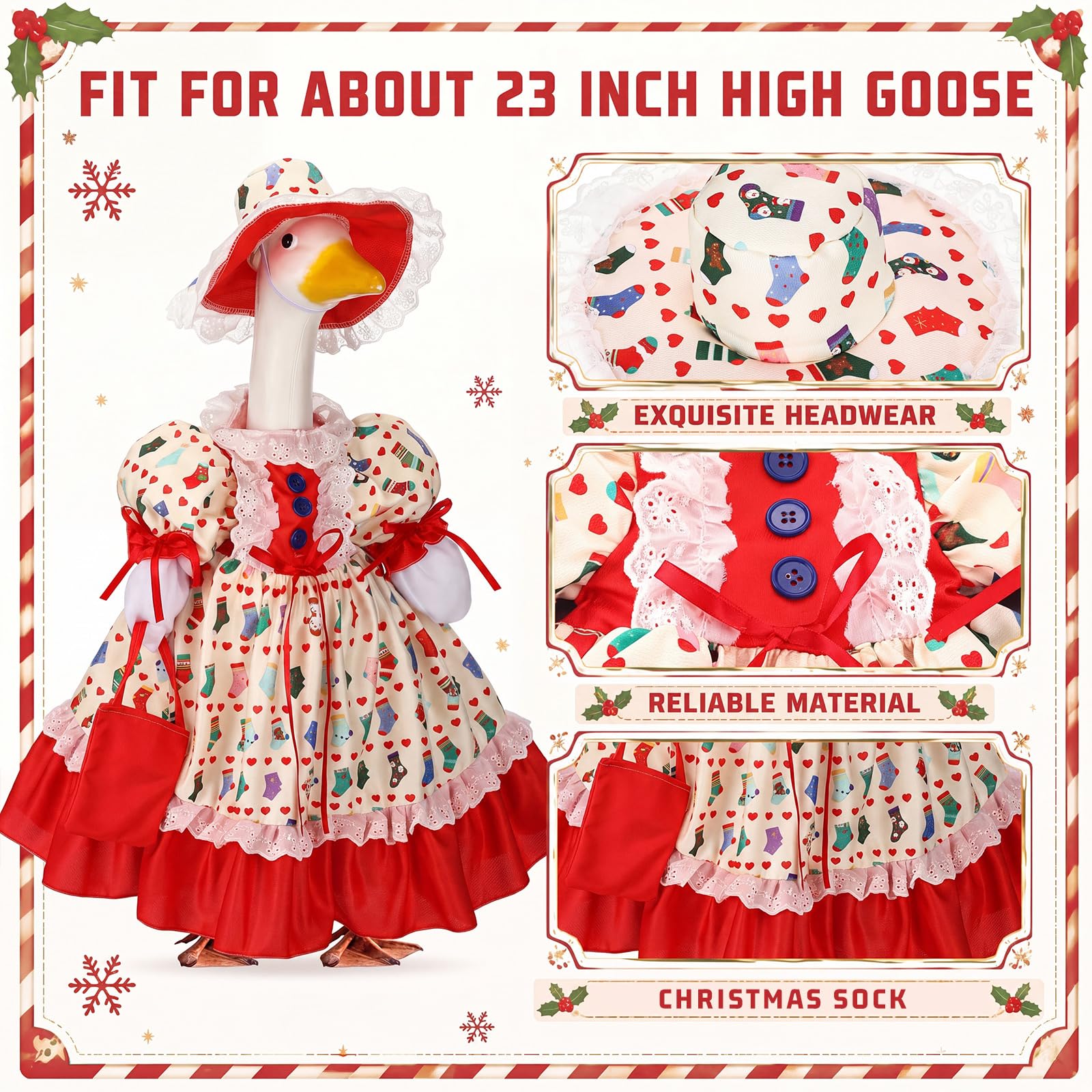 Close-up of the festive dress and lace trim of the goose costume