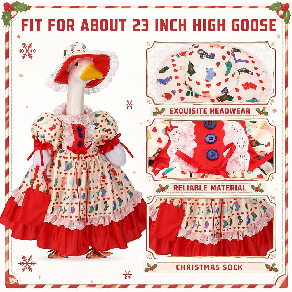 Close-up of the festive dress and lace trim of the goose costume