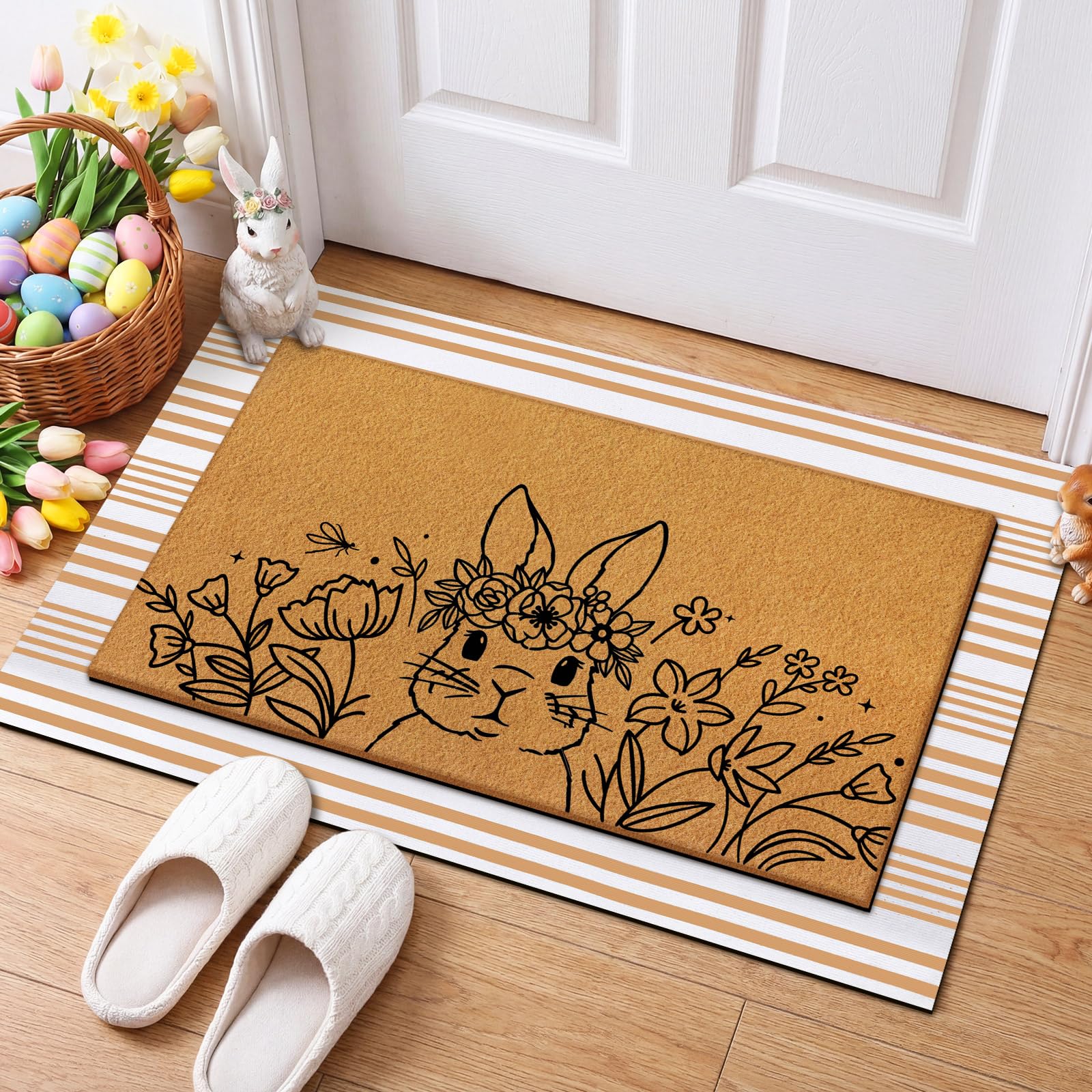 Close-up of the floral bunny design on the doormat