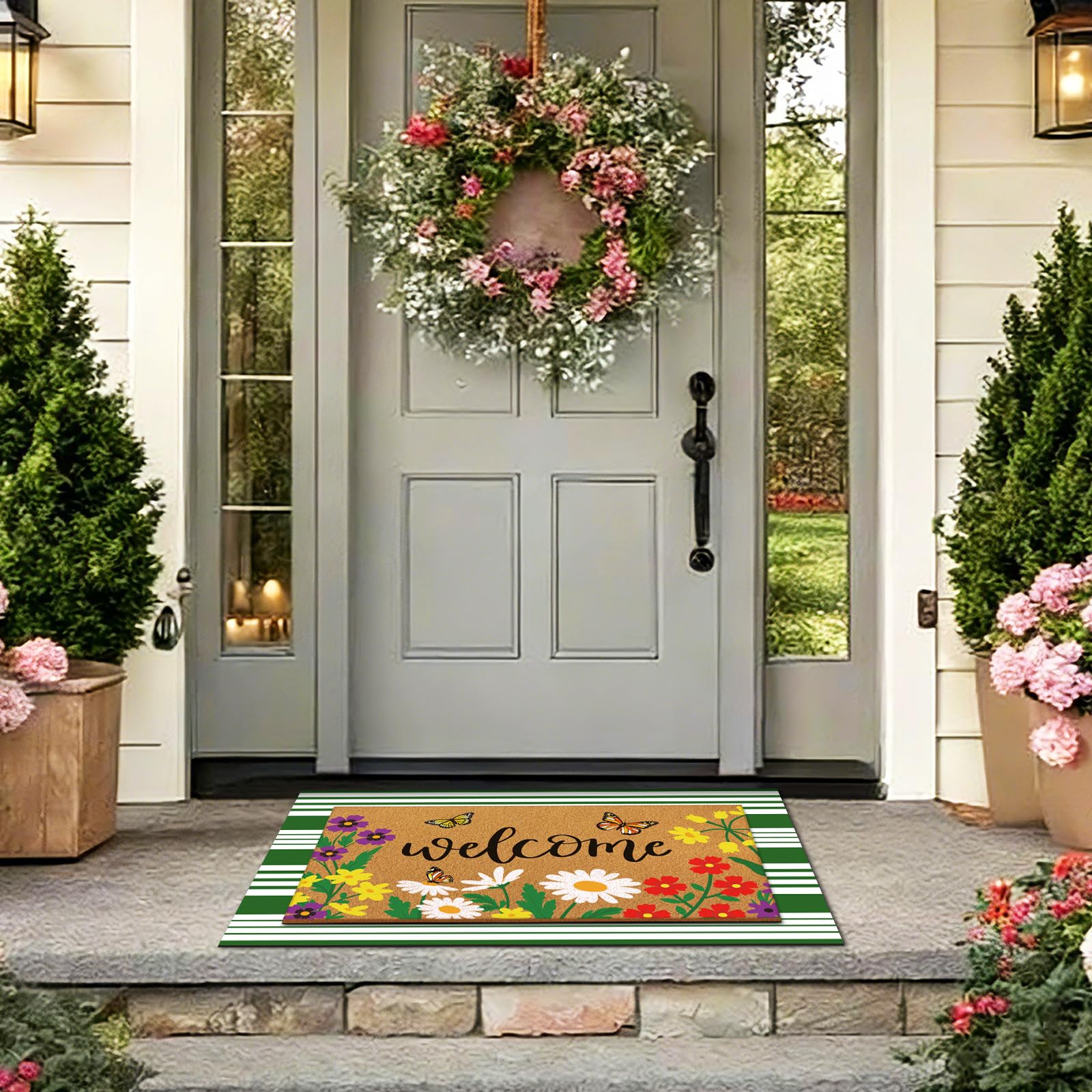 Close-up of the floral texture on the welcome mat