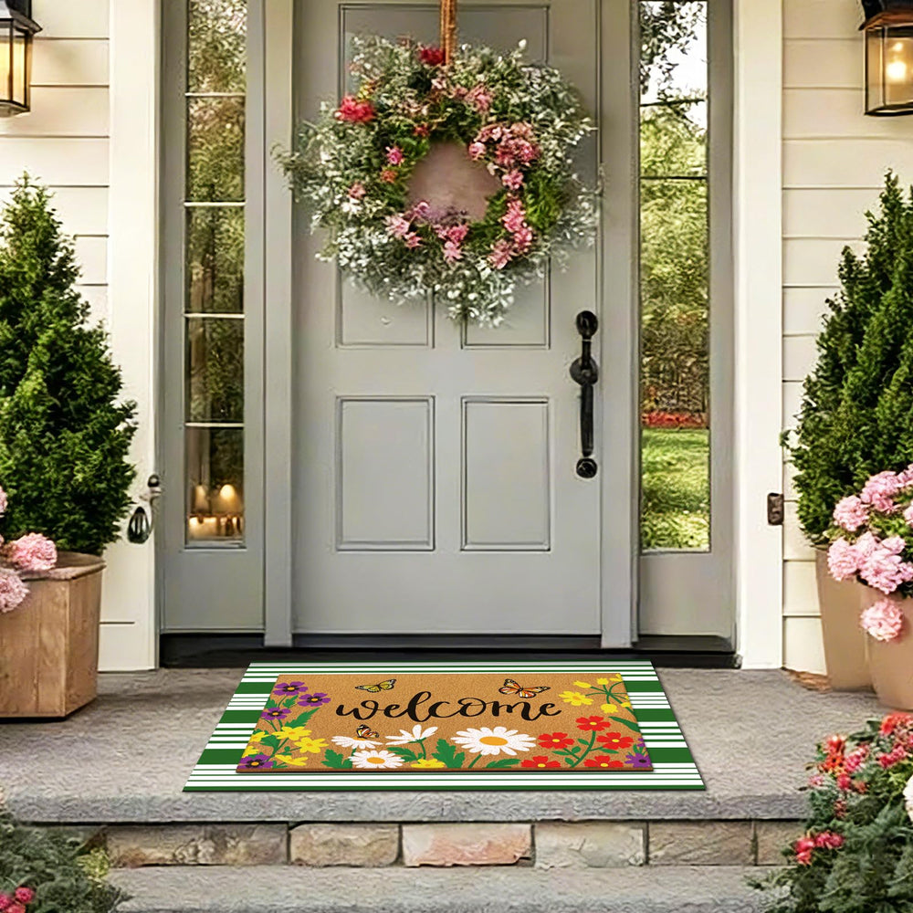 Close-up of the floral texture on the welcome mat