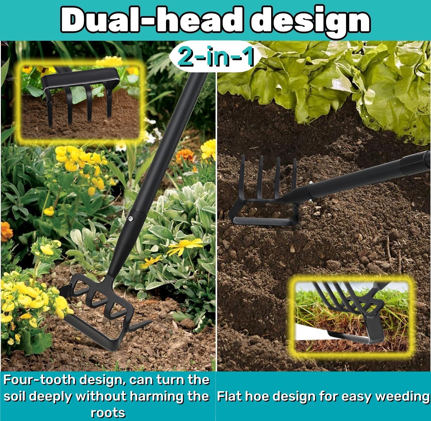 Close-up of the four-tooth rake head of the Ihomepark Garden Hoe