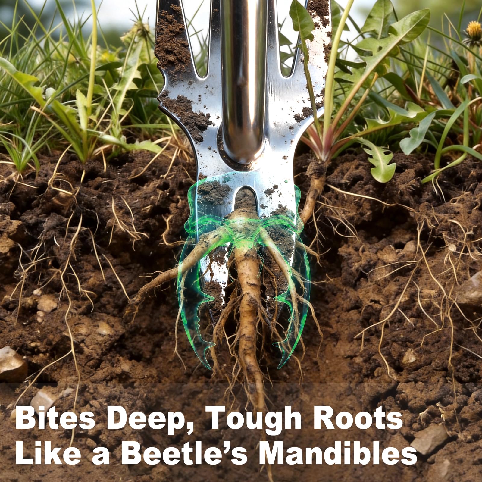 Close-up of the four-tooth weeder end of BREWIN TOOLS hand weeder