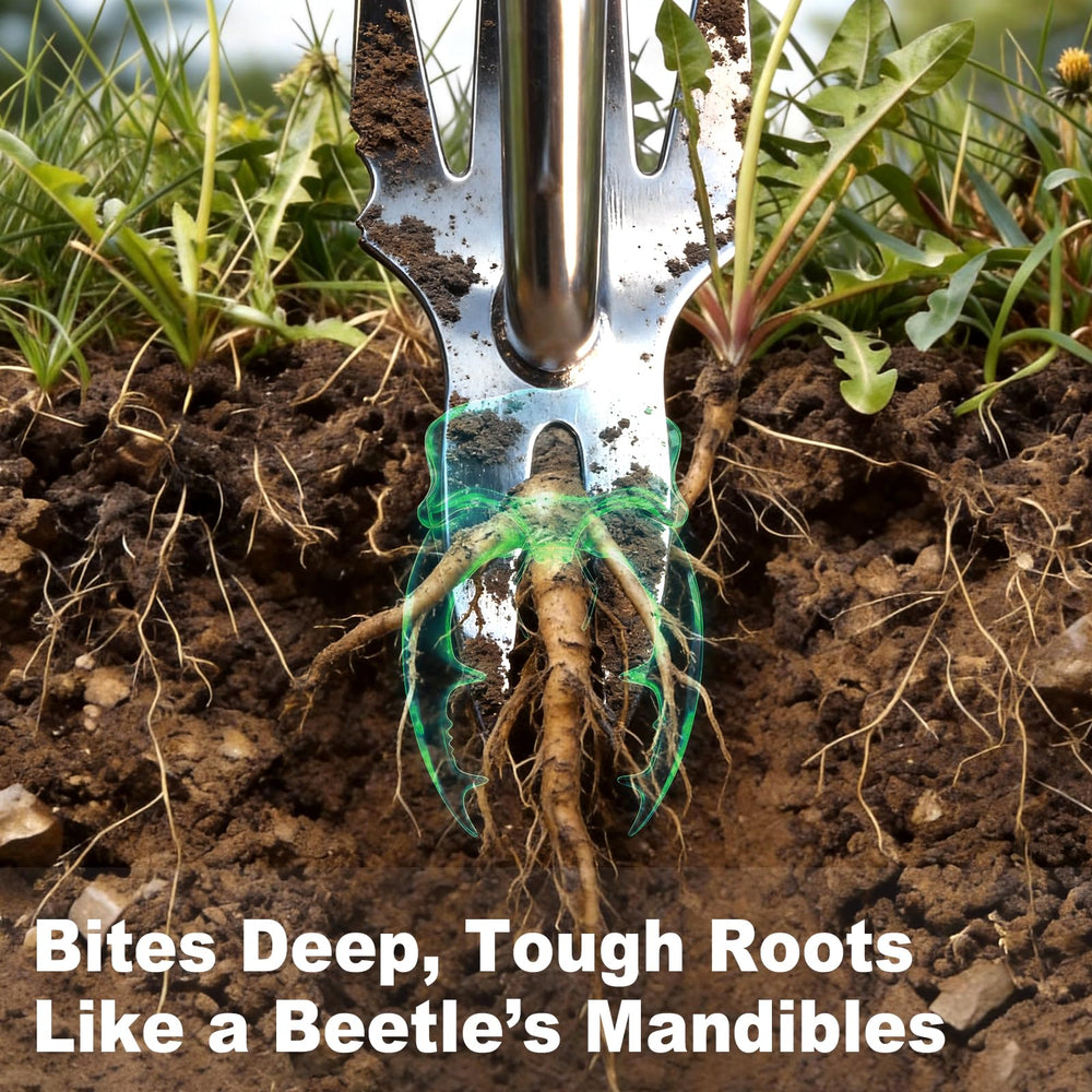 Close-up of the four-tooth weeder end of BREWIN TOOLS hand weeder