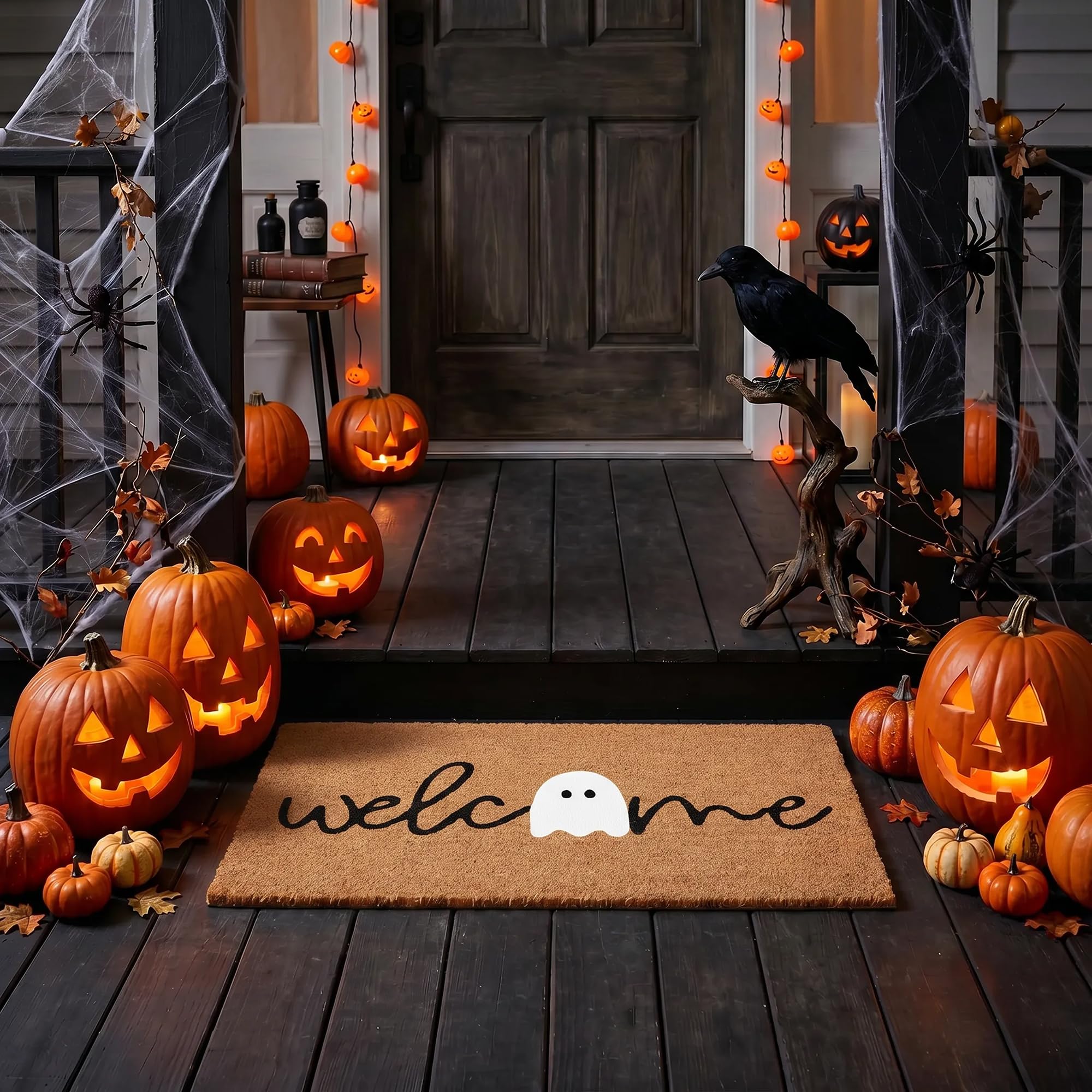 Close-up of the ghost design on the welcome mat