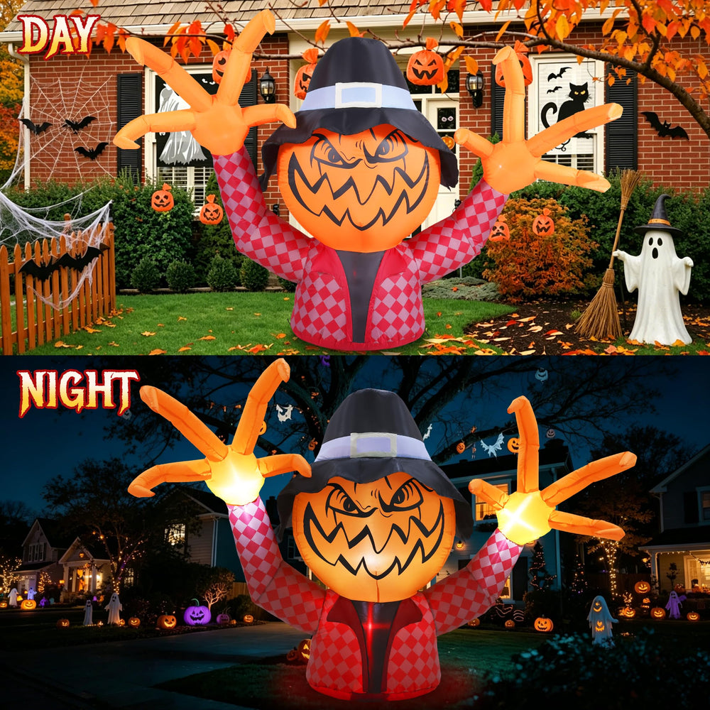 Close-up of the GIFTFIND Pumpkin Monster's angry face and black witch hat