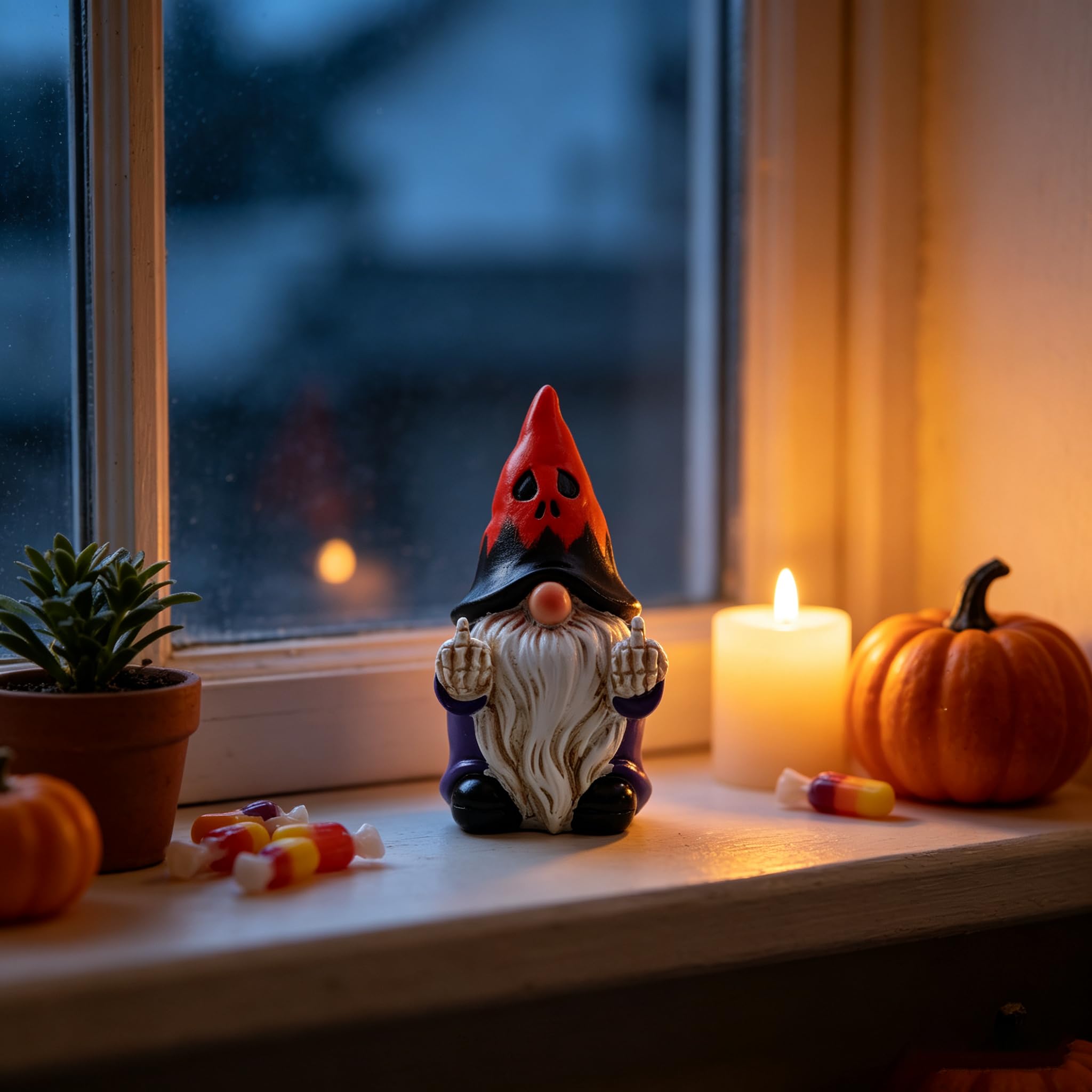Close-up of the gnome's ghost face pointed hat