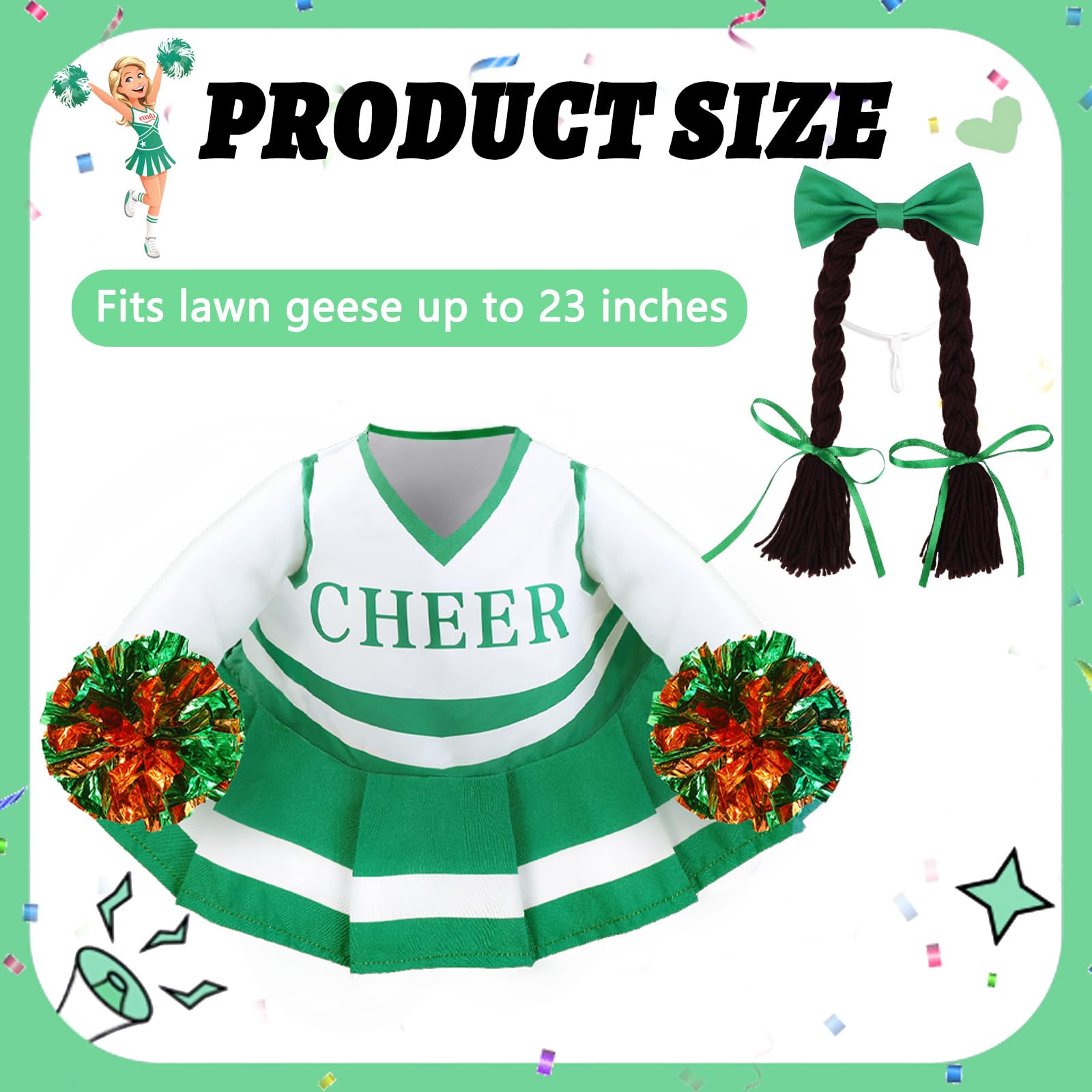 Close-up of the green dress with 'CHEER' lettering on the goose costume