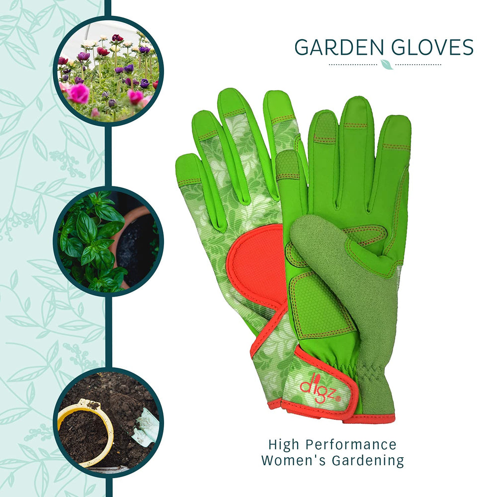 Close-up of the green leaves pattern on DIGZ Gardening Gloves