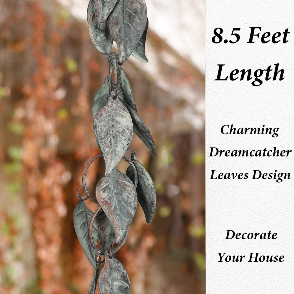 Close-up of the green patina leaves on Aifeorzo rain chain