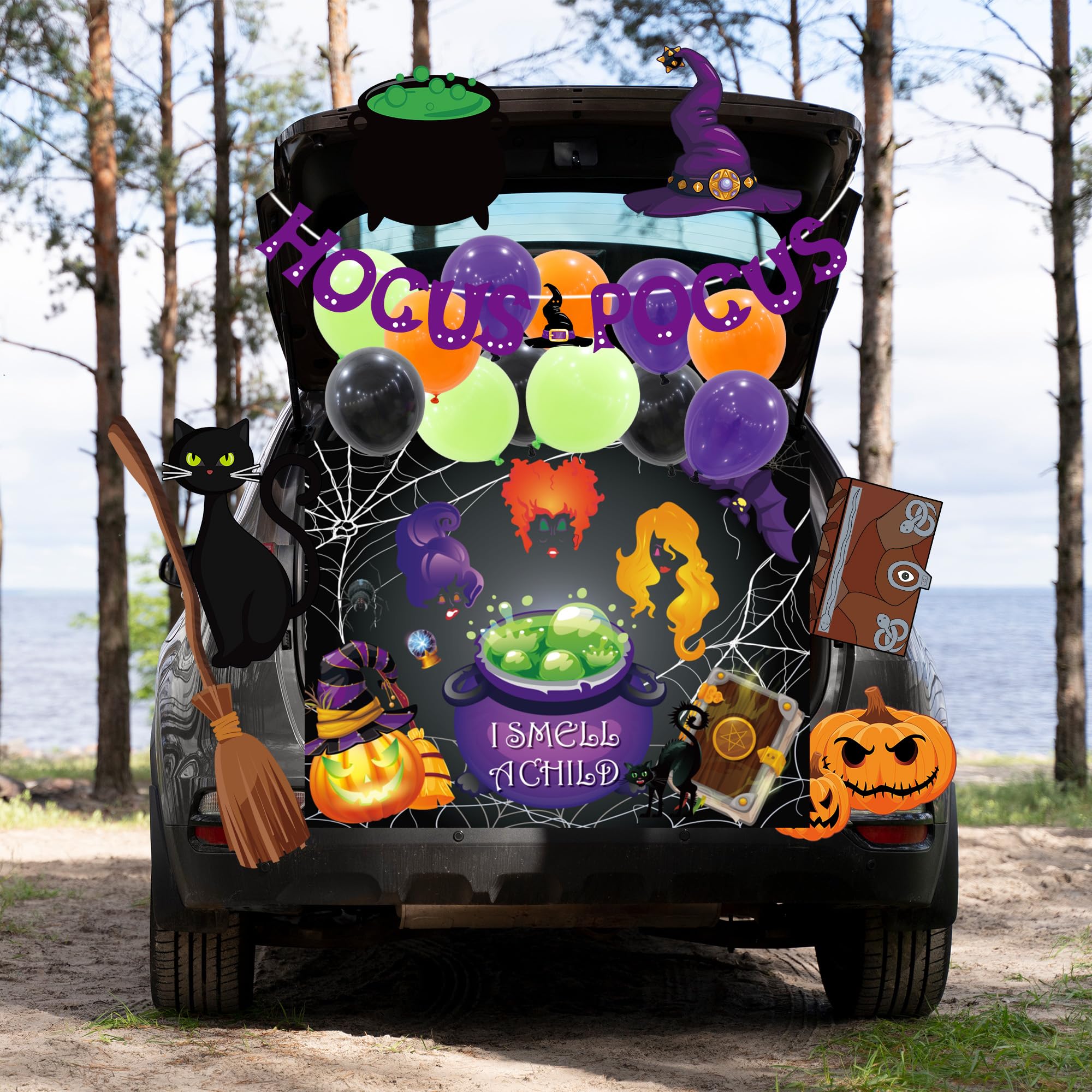 Close-up of the Halloween banner with witch design