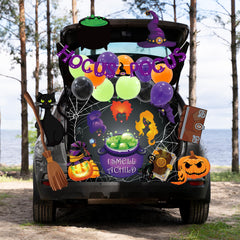 Close-up of the Halloween banner with witch design