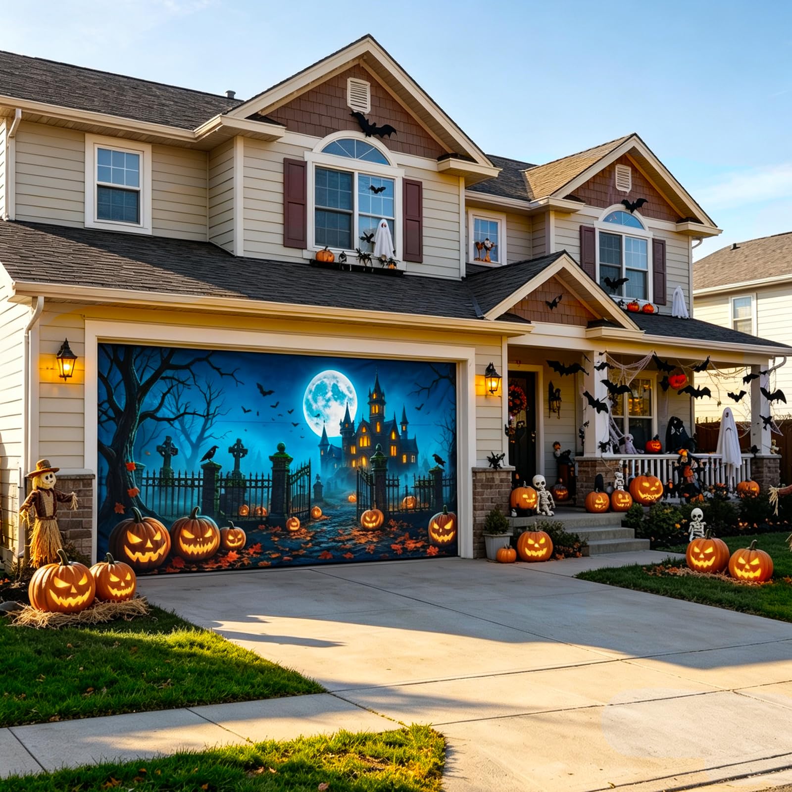 Close-up of the Halloween garage door cover showing copper rings for hanging
