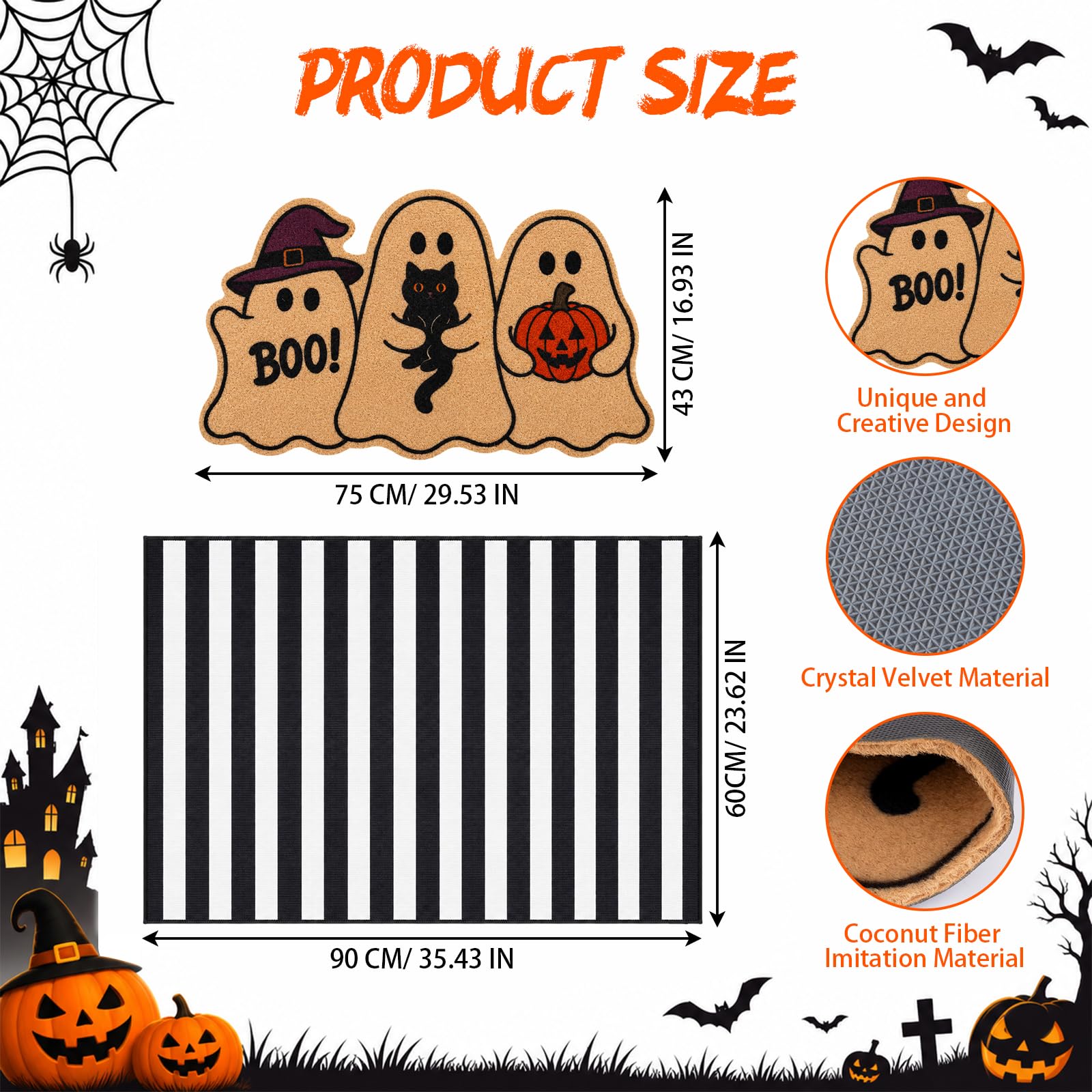 Close-up of the Halloween Ghost Doormat with witch hat and black cat design