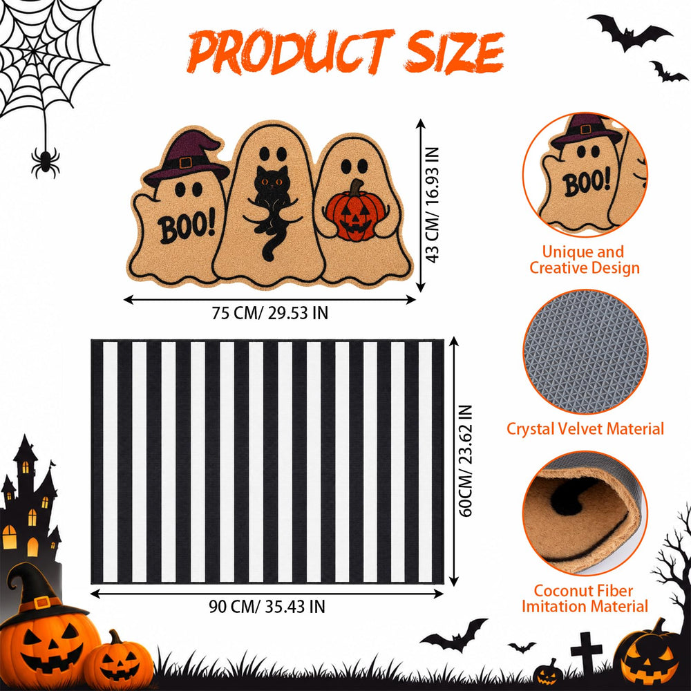 Close-up of the Halloween Ghost Doormat with witch hat and black cat design