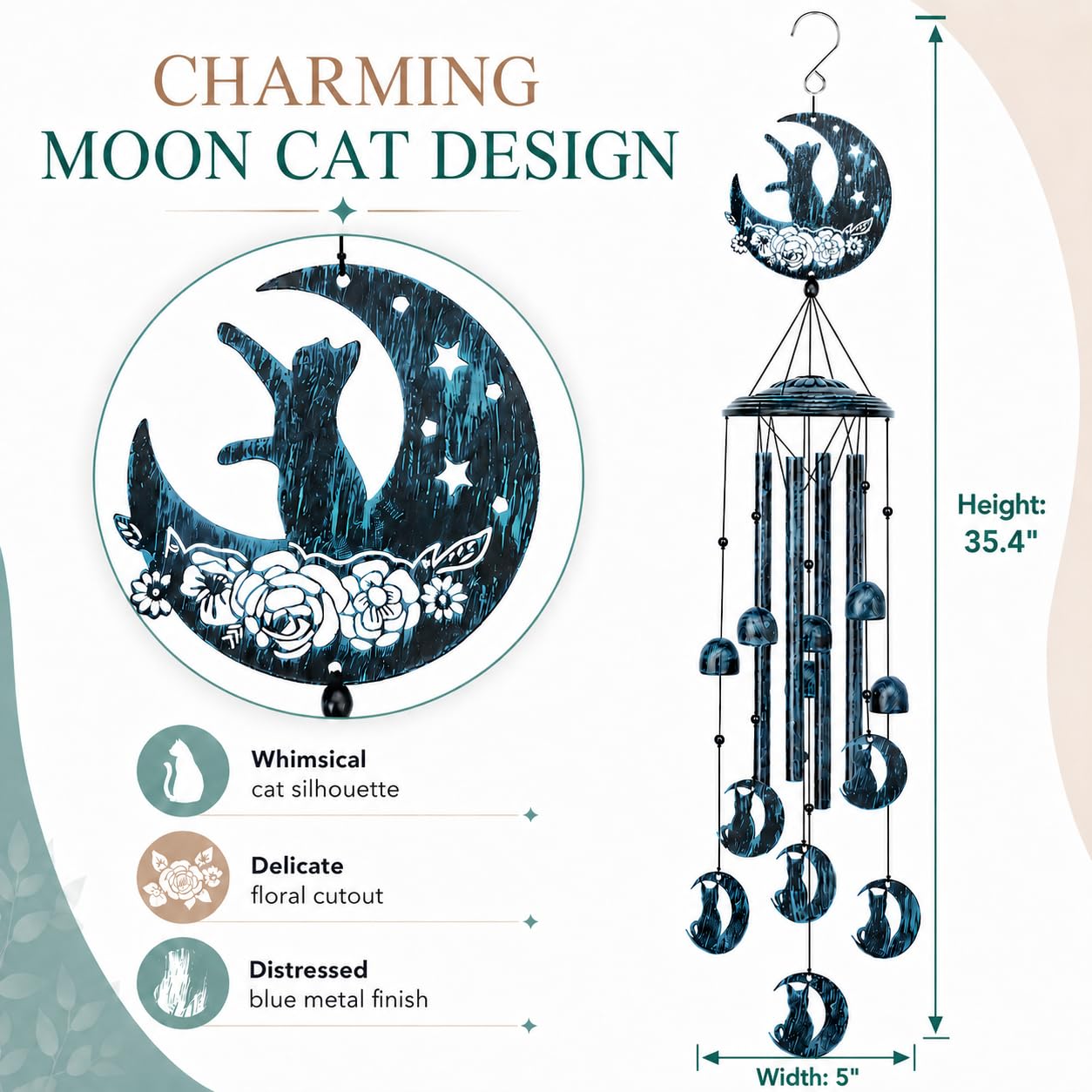 Close-up of the hand-painted cat ornament on wind chime