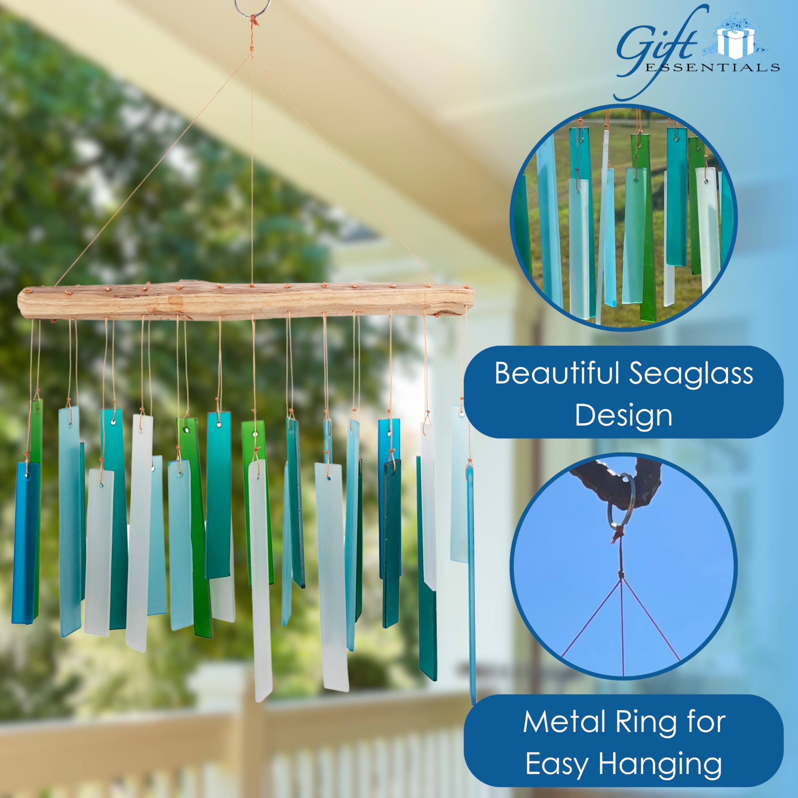 Close-up of the handcrafted sea glass details in the wind chime