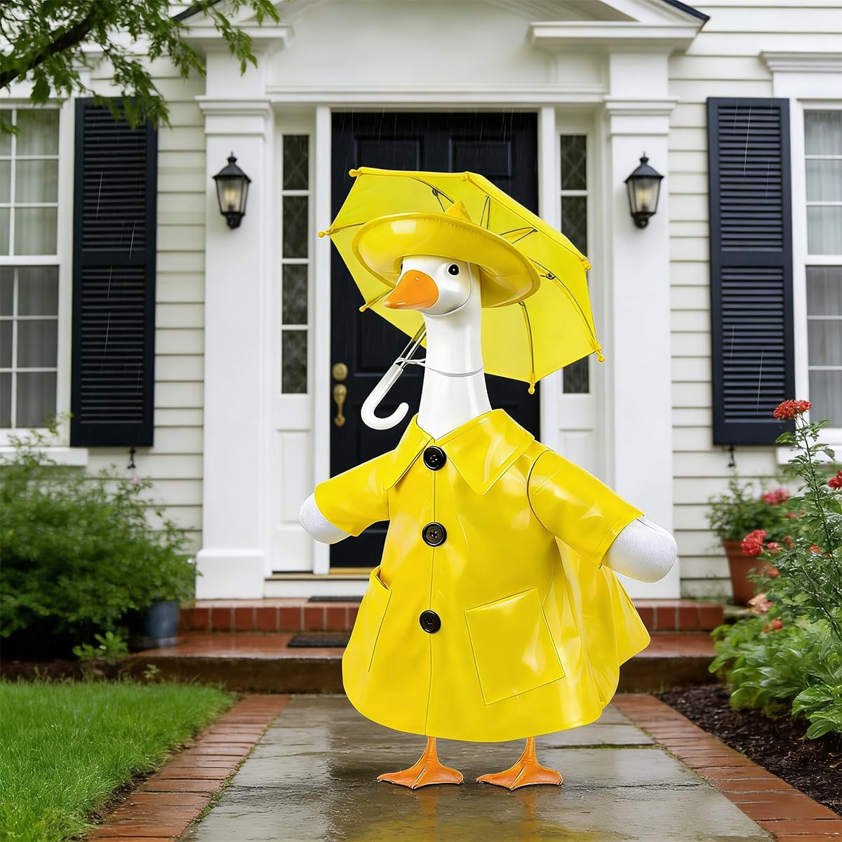 Close-up of the hat and umbrella for porch goose