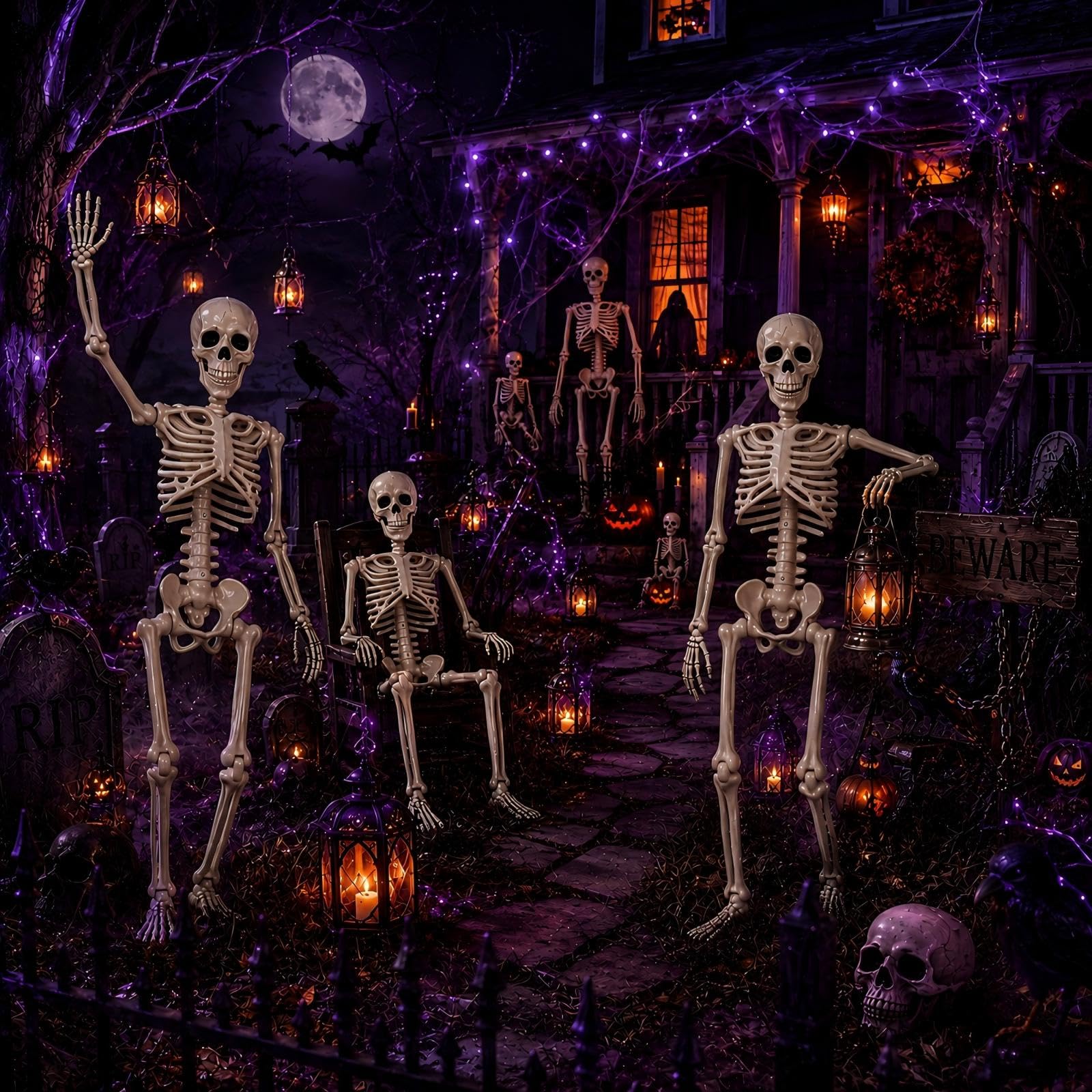 Close-up of the head of the Halloween skeleton with hook