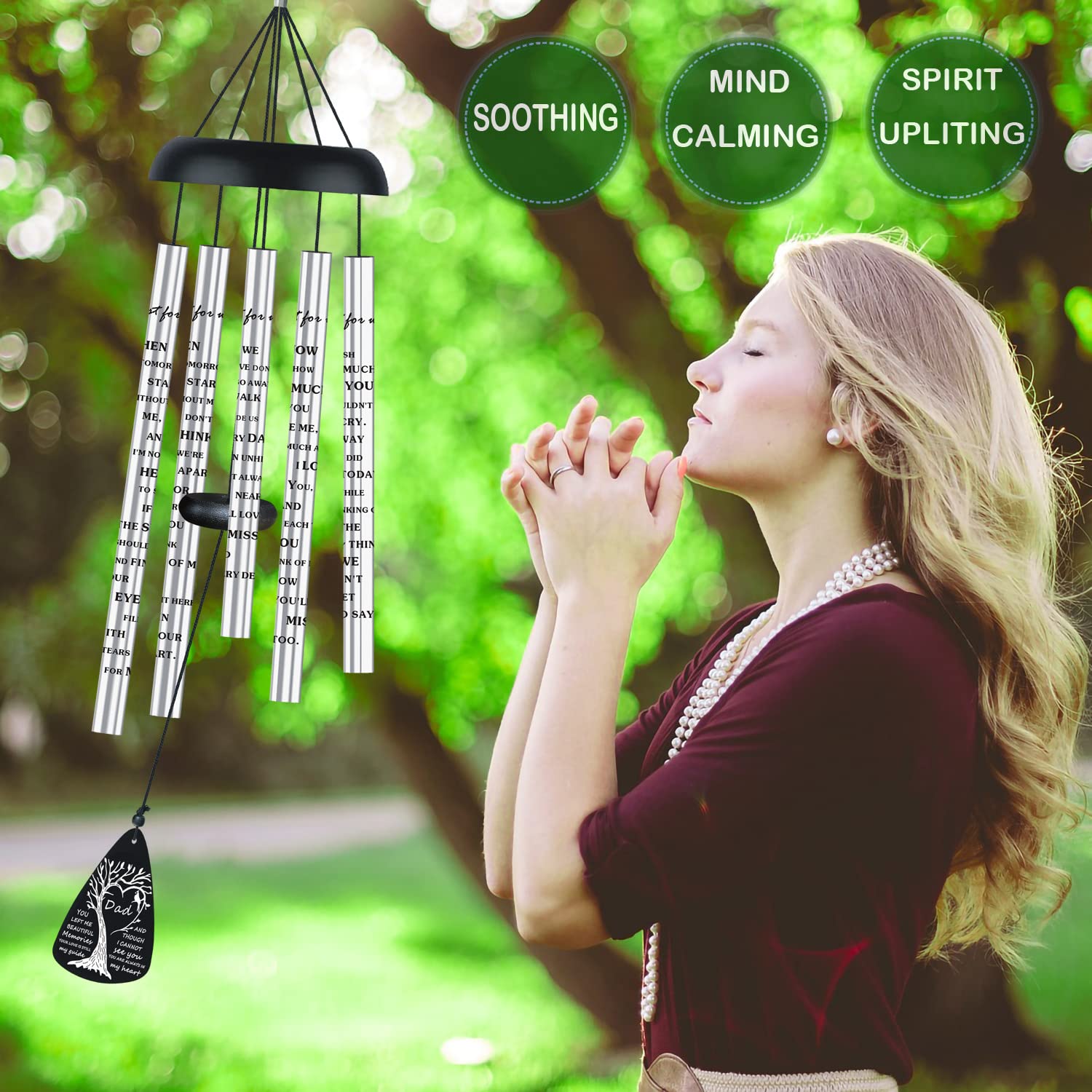 Close-up of the healing poem on JUST FOR WIND wind chimes