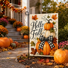 Close-up of the Hello Fall lettering on garden flag