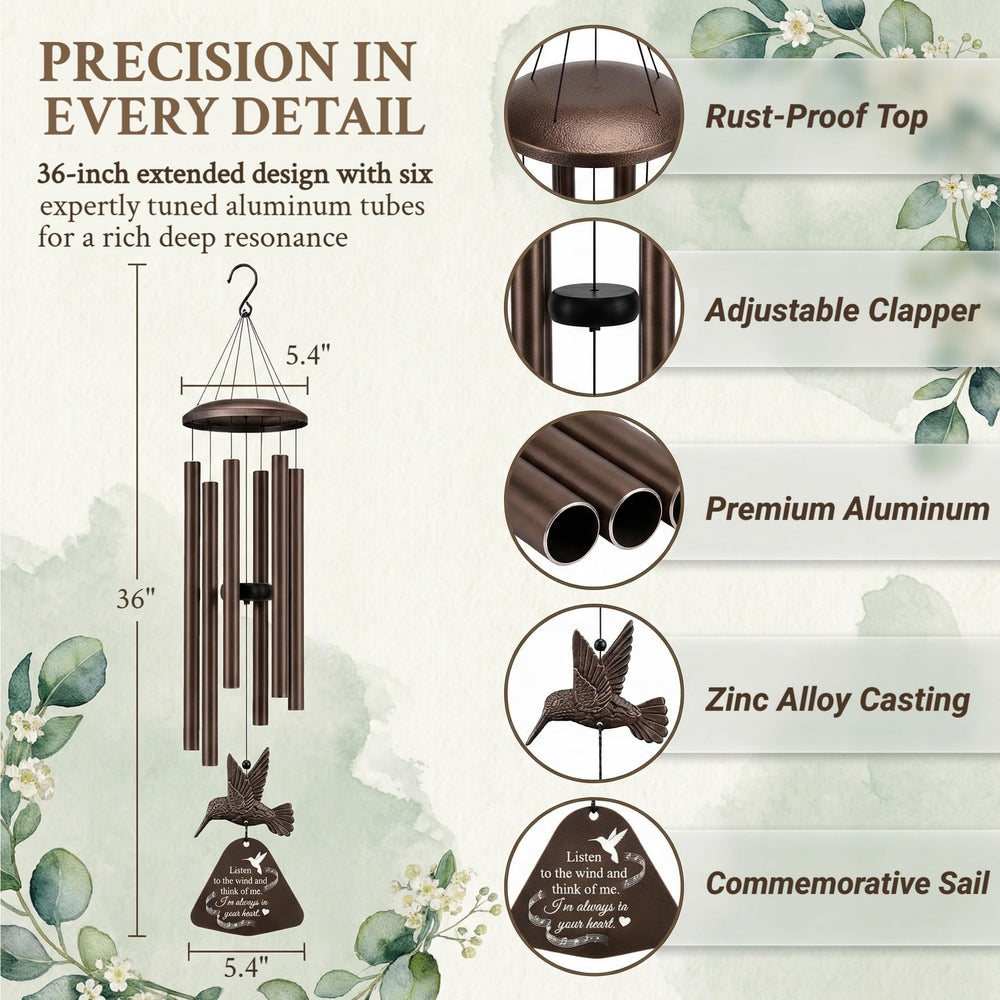 Close-up of the hummingbird design on the wind chimes