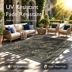Close-up of the intricate paisley design on Arenarug outdoor rug
