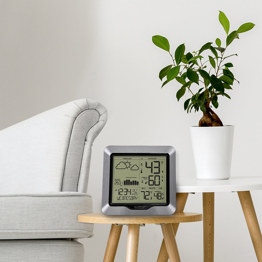 Close-up of the La Crosse Technology Weather Station showing temperature readings