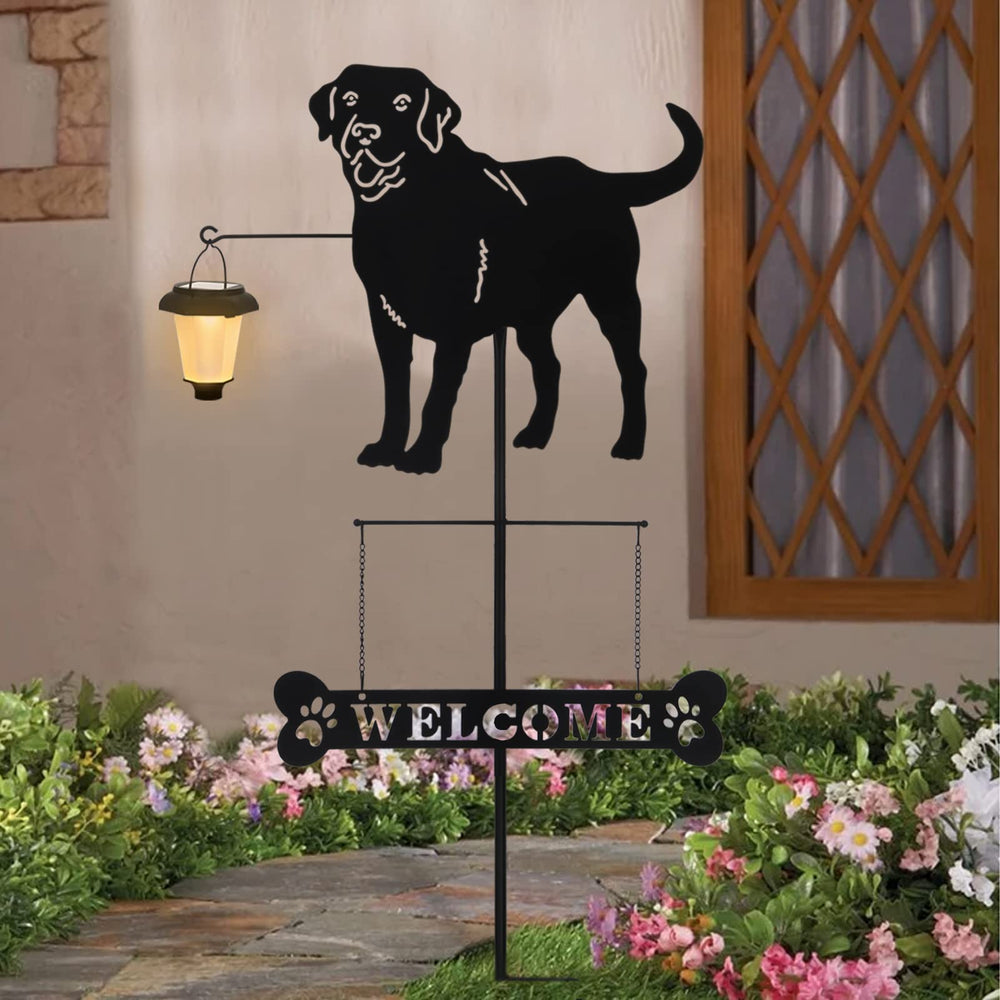 Close-up of the Labrador silhouette and welcome sign