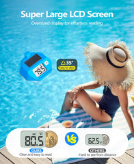 Close-up of the large display on the FirstE pool thermometer